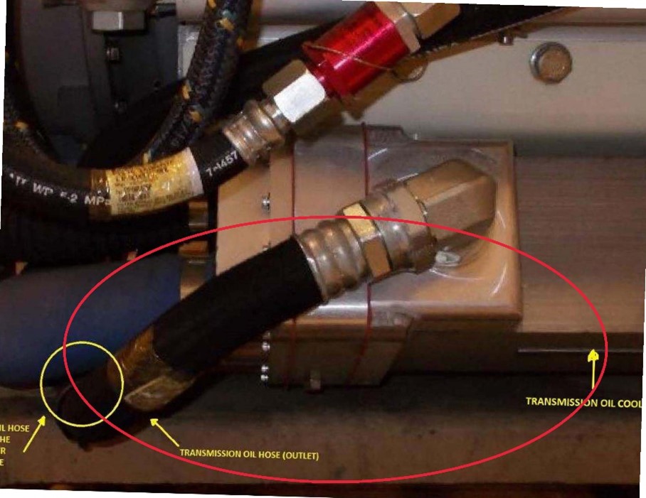 Inspect transmission oil hose (outlet) for signs of chafing